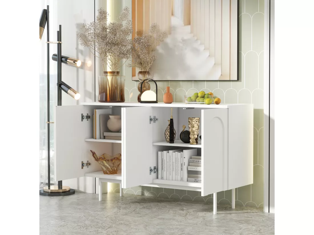 Buffet moderne avec 4 portes - 140 x 42 x 80 cm - bois MDF - coloris blanc