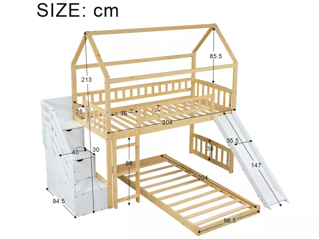 Lit superposé 2x90x200cm en bois massif - avec escalier de rangement et toboggan - sommiers à lattes - Naturel
