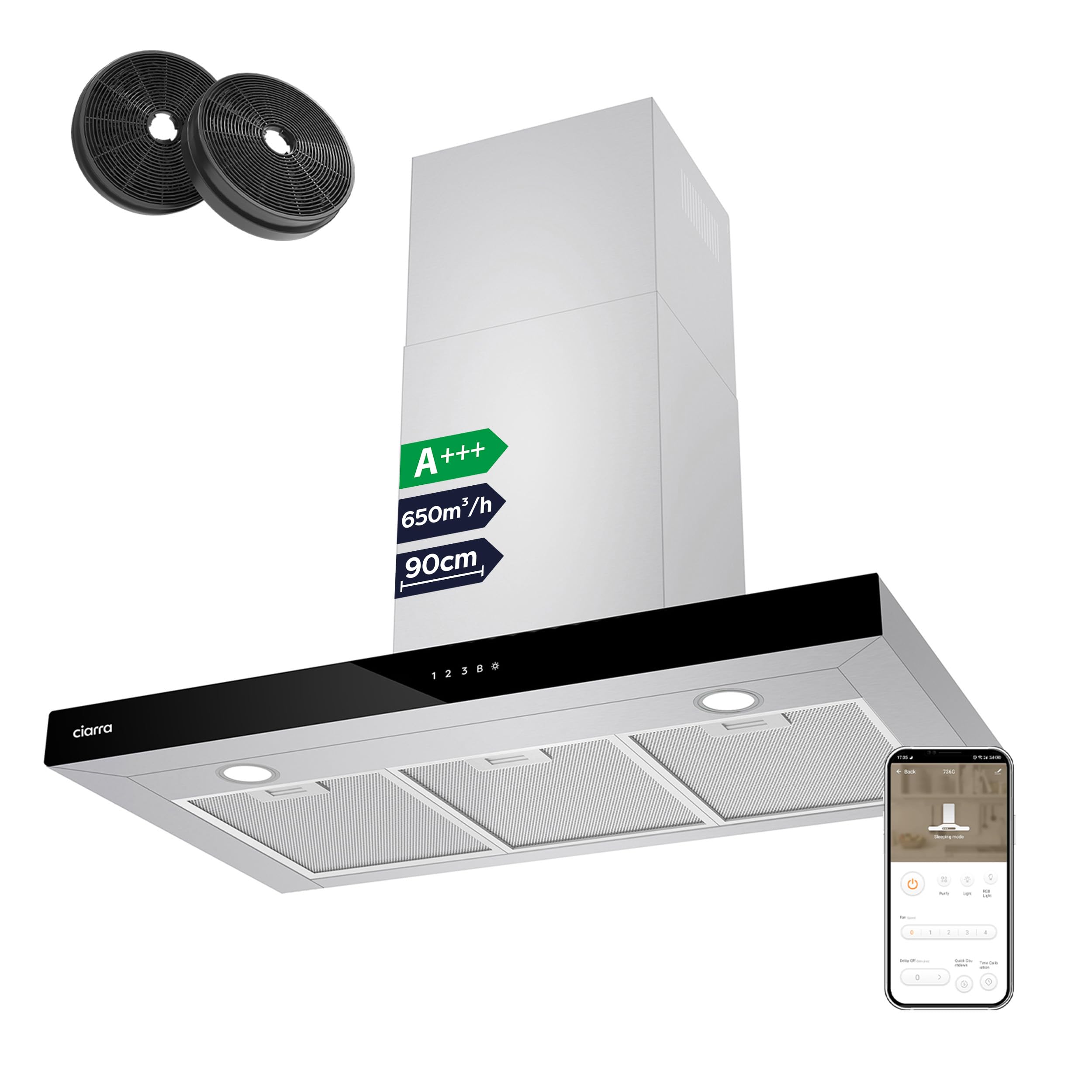 Ciarra Hotte Apisrante 90cm 650 m³/h - Class A+++ - 4 Vitesses - Fonction Boost - Hotte de Cuisine Silencieuse - Commande Tactile - Wi-Fi - LED Dimmab