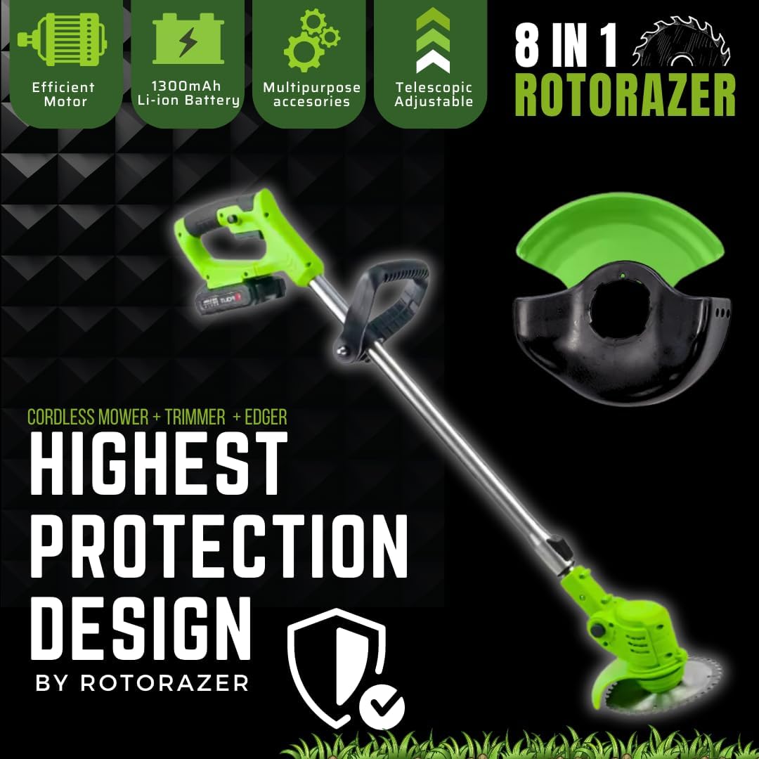 ROTORAZER 8 IN 1 Elektrische Motorsense, 2 Batterien 21V, Kantenschneider, Heckenschere, Rasenmäher, Verschiedenes Zubehör, 90° schwenkbarer Kopf (Mower+2Bat+3Blades)