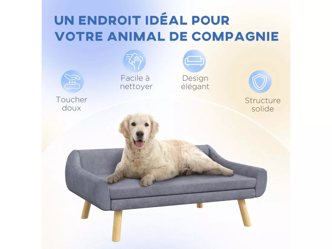 Canapé chien lit pour chien design scandinave - coussin moelleux déhoussable, pieds bois - velours gris
