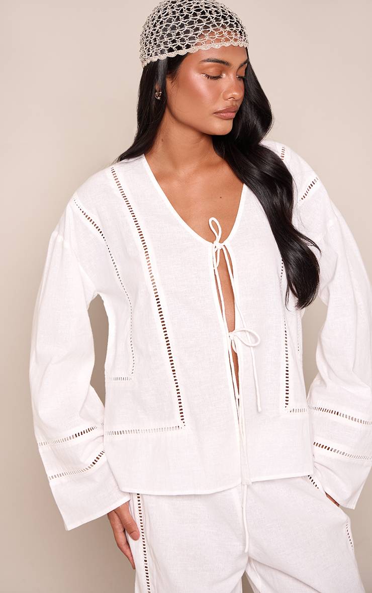 Blanc Ensemble Coordonné Chemise En Lin Avec Détails Ajourés
