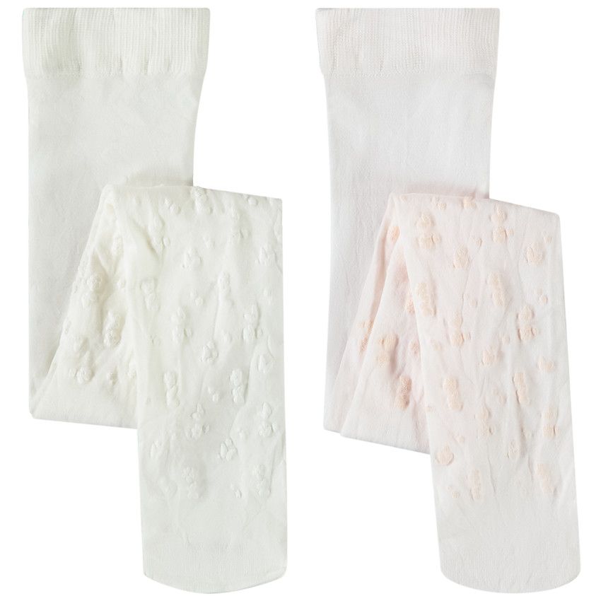 Lot de 2 collants fins motifs floraux en relief pour bébé fille - Ecru