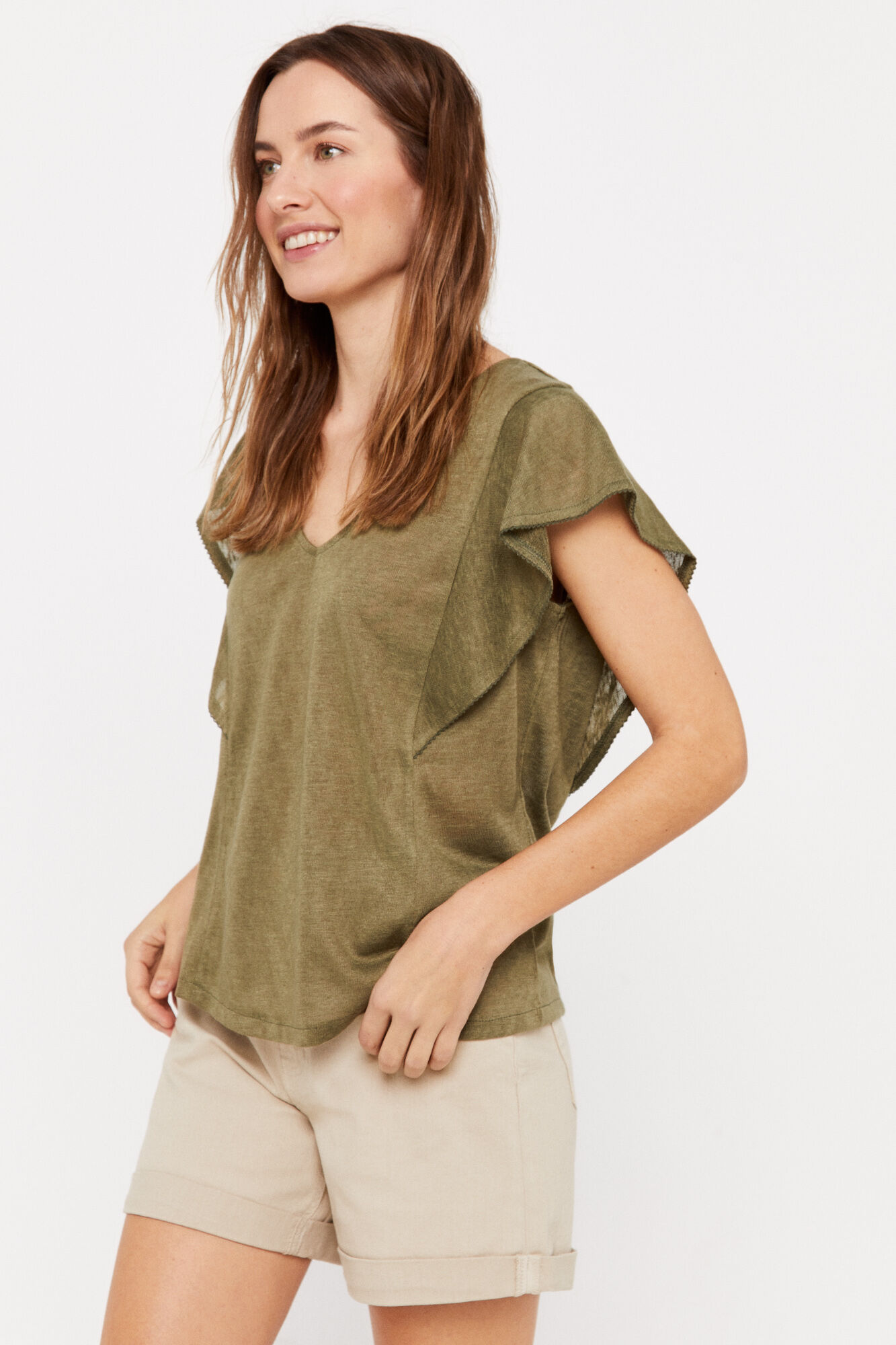 Camiseta com babados e efeito linho - Cáqui