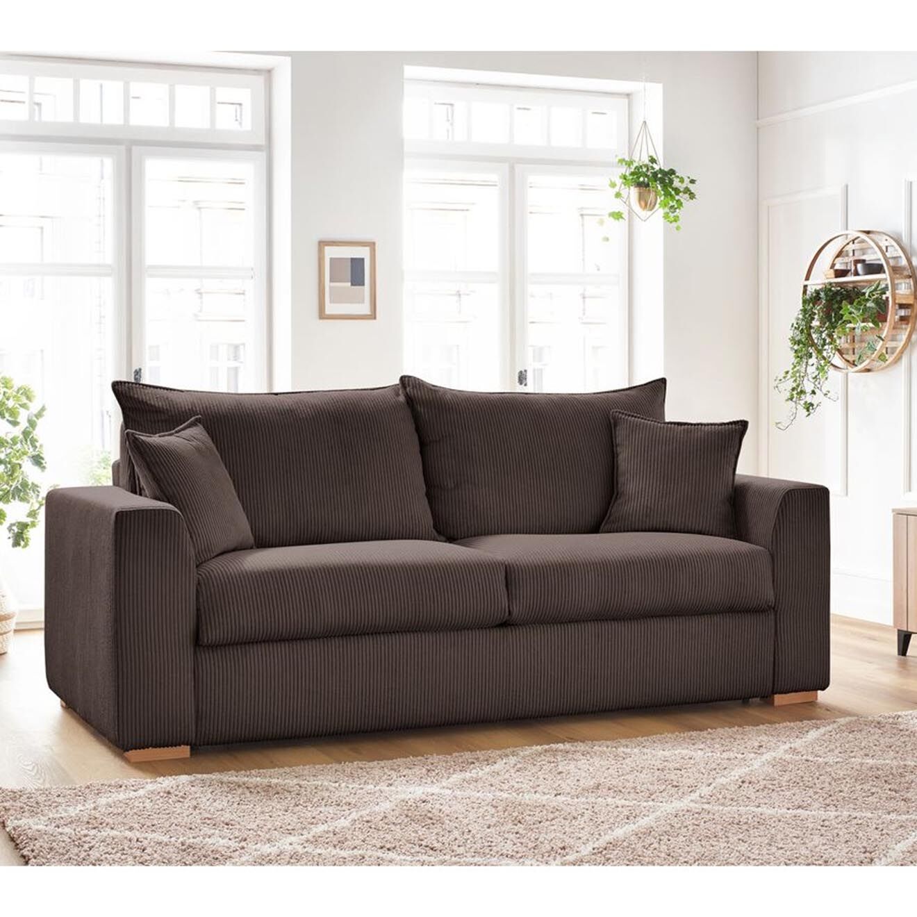Bobochic Canapé droit augustin ouverture express velours côtelé marron  - 205x97x96 cm