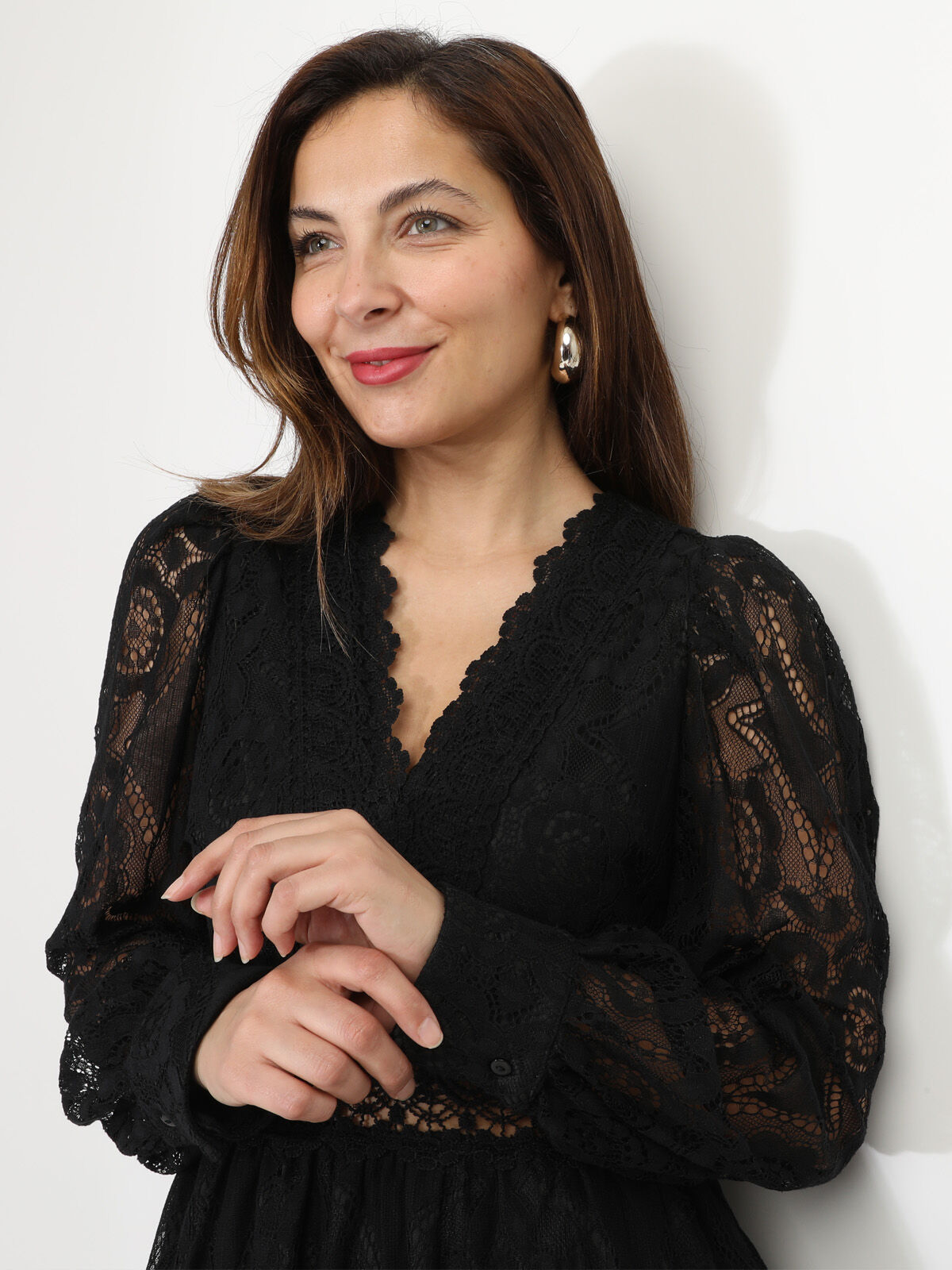 Robe chemisier en dentelle et crochet- Noir