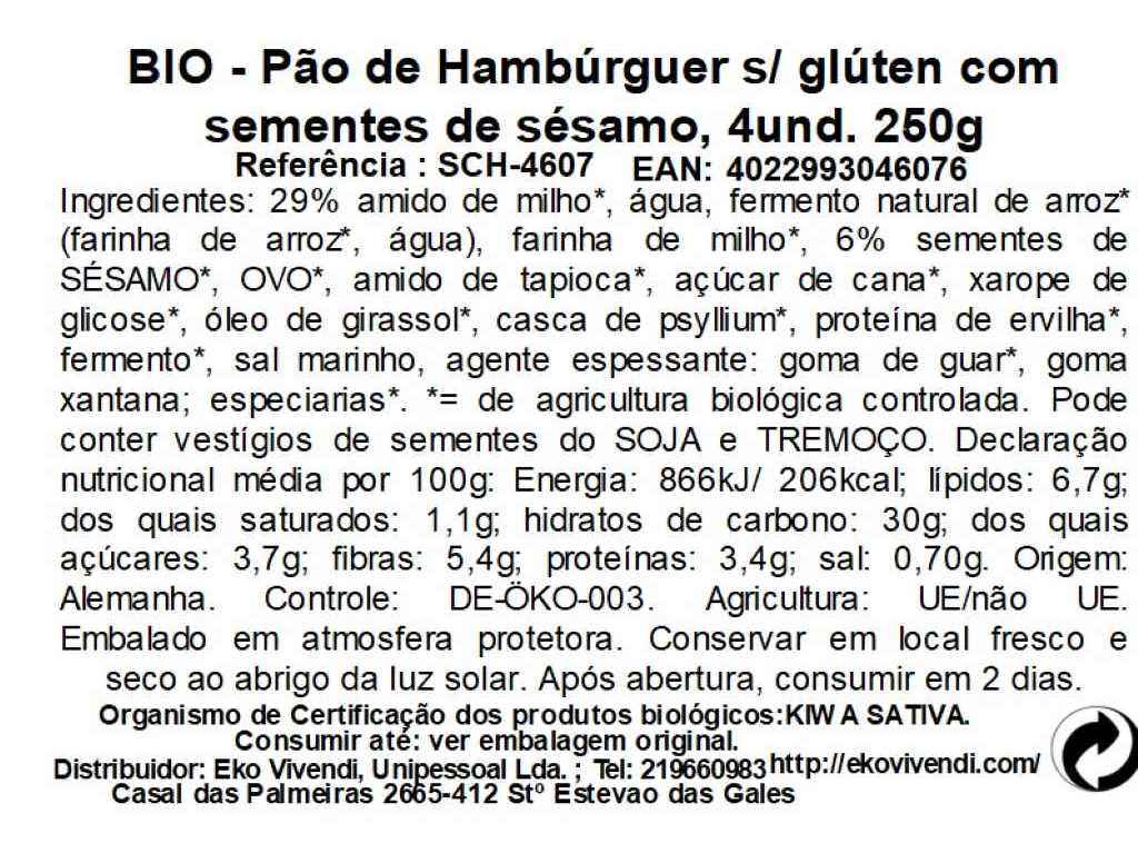 PÃO HAMBURGUER SCHNITZER SEM GLÚTEN BIO 250G