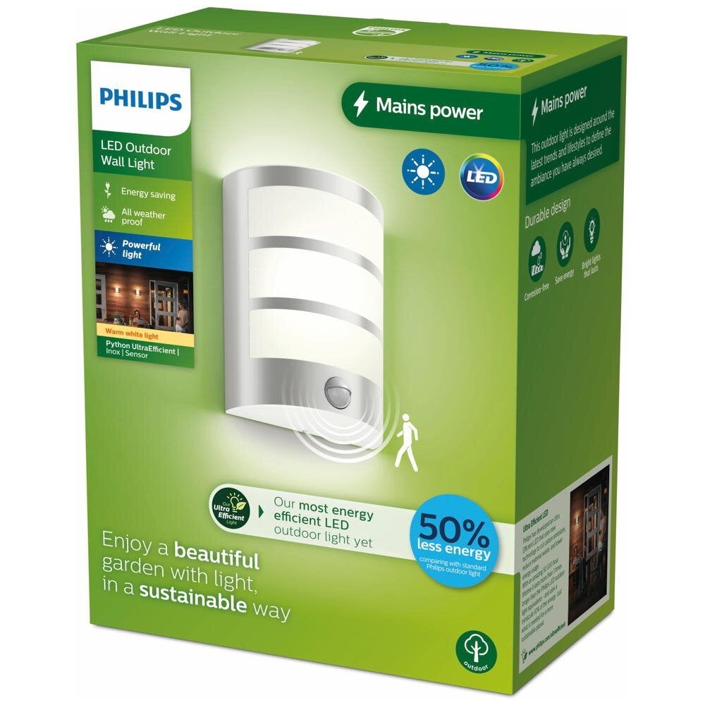 LED wandlamp Python in roestvrij staal en wit, 3,8W, 800lm, IP44 met bewegingsmelder