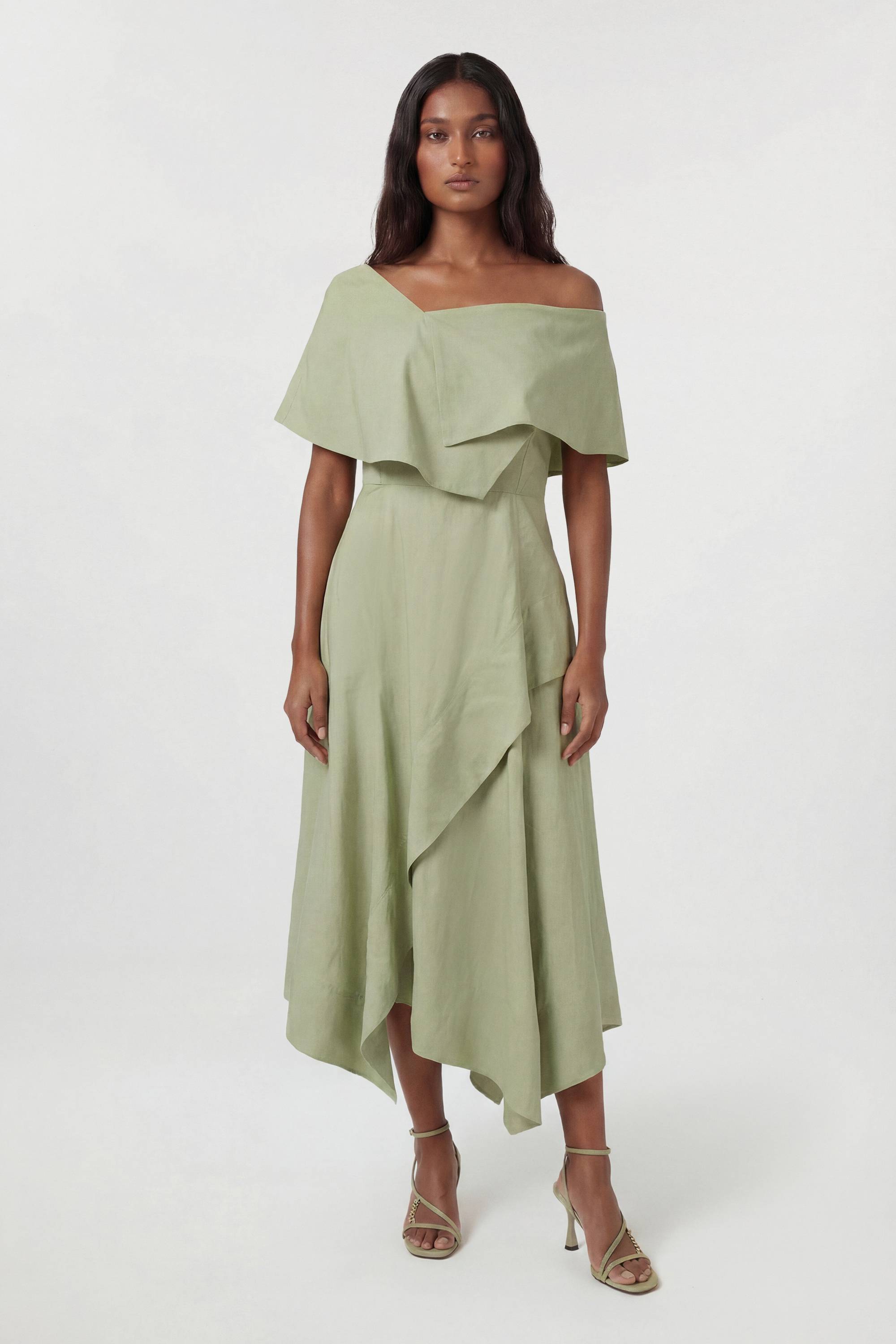 KarenMillen Robe Midi Premium En Viscose Lin À Col Asymétrique Et Jupe Ample Ajustée