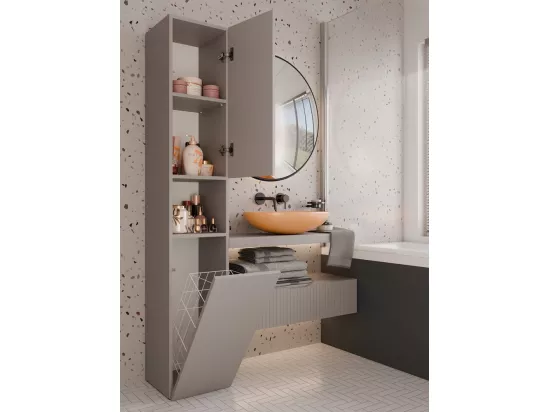 HORTI - Meuble salle de bain avec panier à linge - 31x30x174 cm - Colonne rangement SDB - Gris