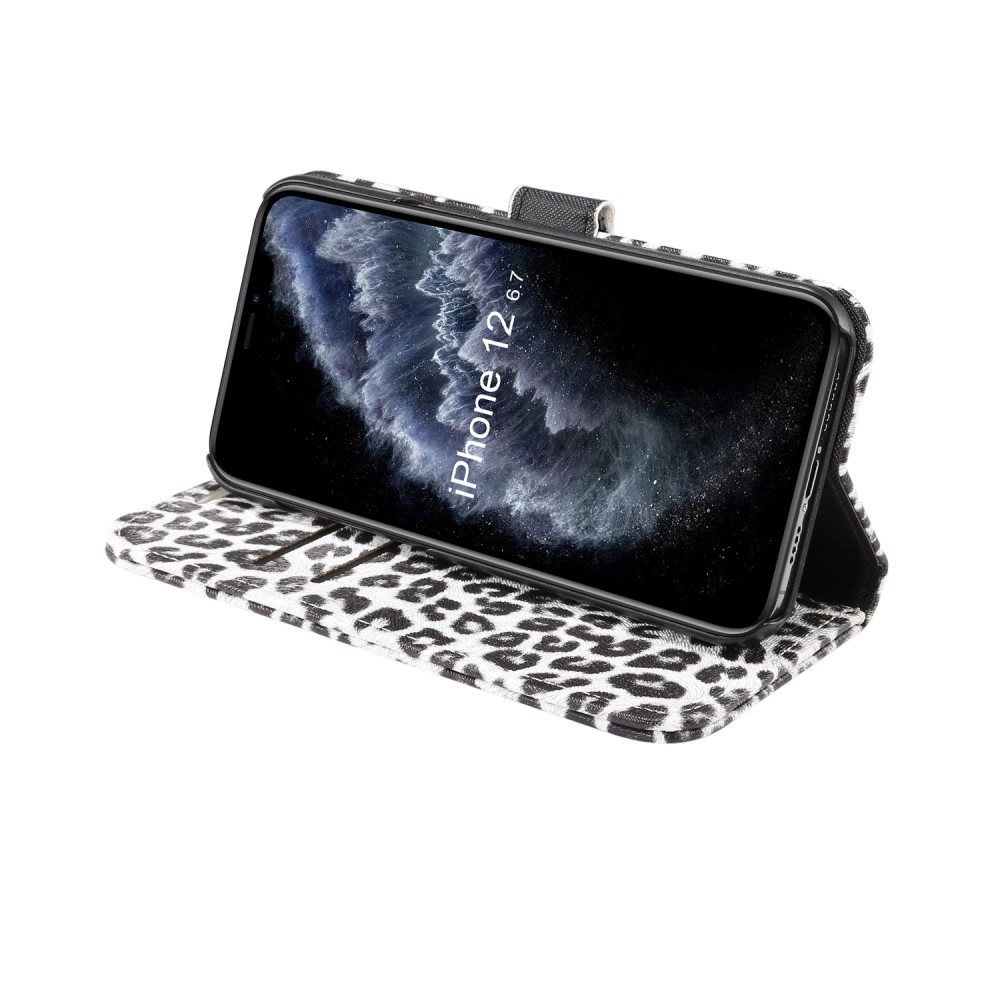iPhone 12 / iPhone 12 Pro Leder Flipcase Hülle Leopard - Weiss
