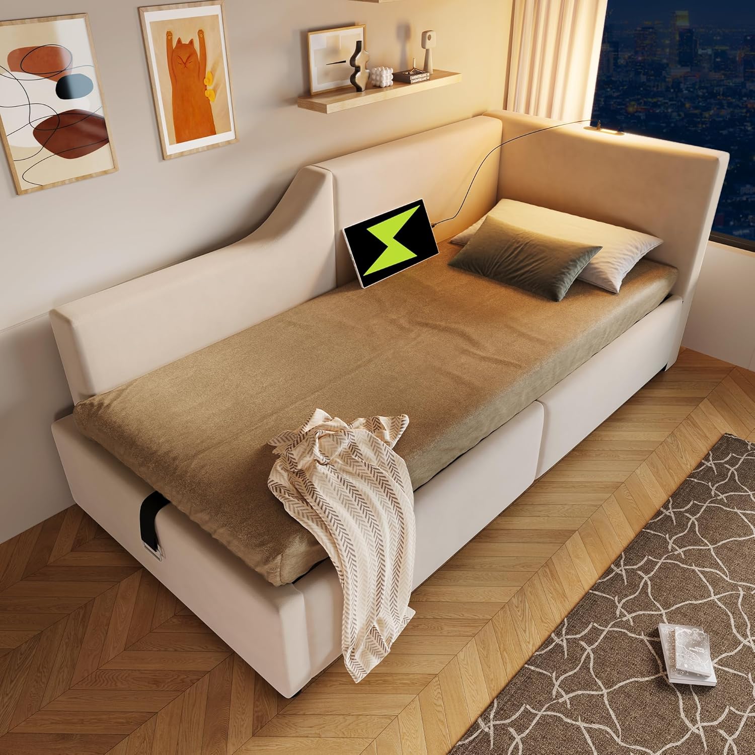 Polsterbett Tagesbett Daybett 90x200cm, Schlafsofa mit hydraulischem Stauraum, Leselichtfunktion und USB-C-Ladefunktion, Jugendbett Bettgestell, Samt (Beige, 90×200cm)