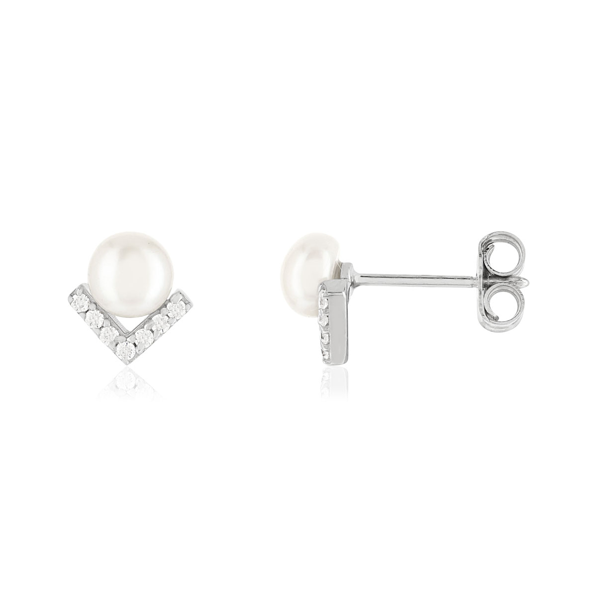 Boucles d'oreilles argent 925, perles de cutlure de Chine, motif V serti de zirconias.