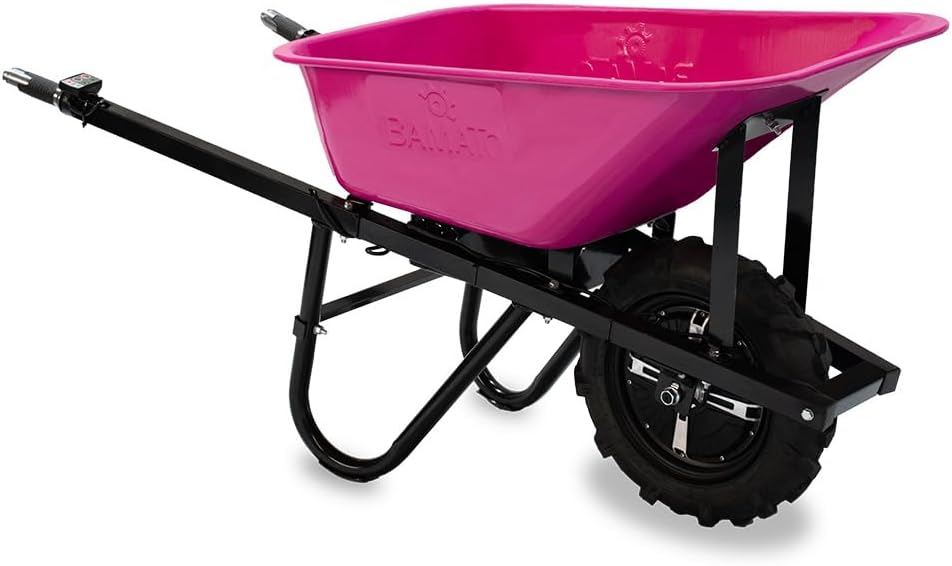 BAMATO elektrische Schubkarre MTR-155 | Pink Edition | 150kg Traglast | Stufenlos bis 6,0 km/h vorwärts | 75L Muldenvolumen | Muldenschubkarre Elektro-Schubkarre