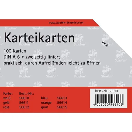 Staufen Karteikarten A6, liniert, weiß, 100 Stück