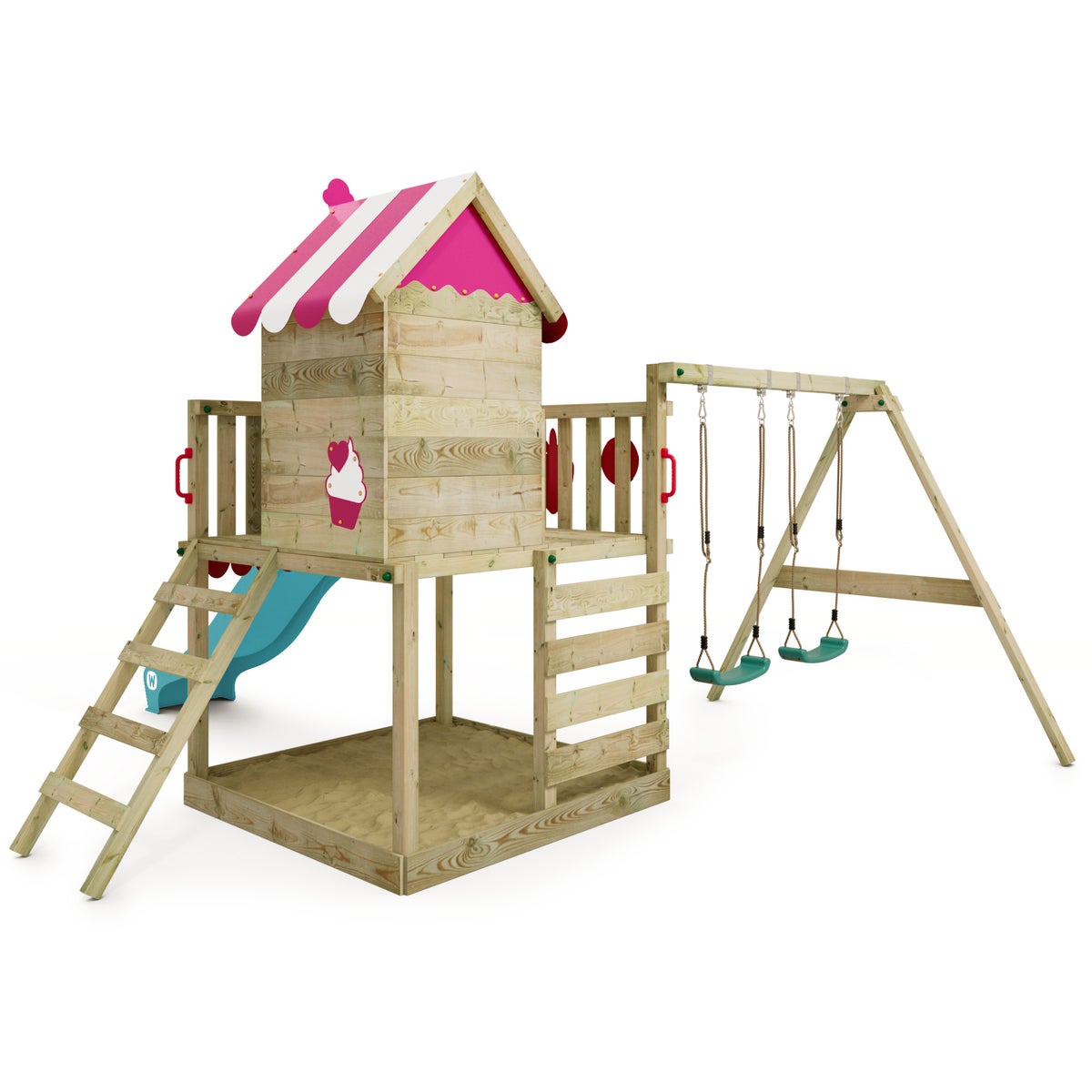 WICKEY Smart Candy speeltoren klimtoestel met schommel en glijbaan, boomhut met zandbak, klimladder en speeltoebehoren - turquoise