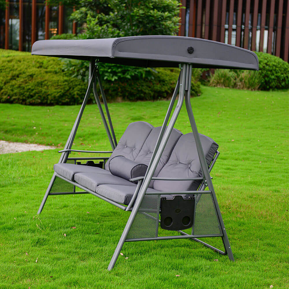 Home Deluxe - Descanso Tuinschommel, Grijs met Hoes - 3-Zits, B/H/L 115cm x 195cm x 198cm, incl. Bekerhouder, Zit- en Rugkussens | Tuinligstoel, Tuinlounge, Schommelstoel
