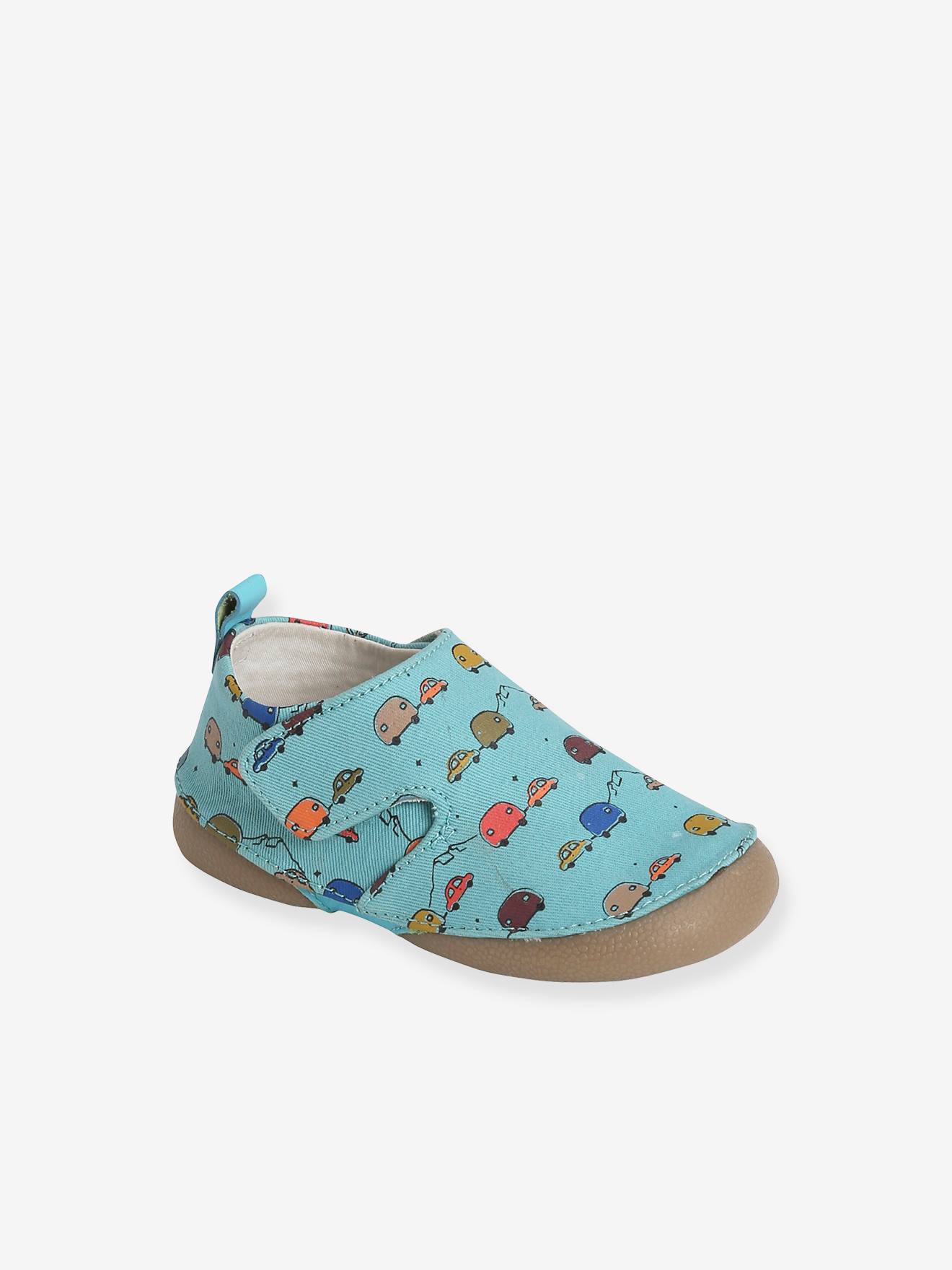 Pantufas de tecido estampado para bebê menino, tamanho médio, estampa azul.