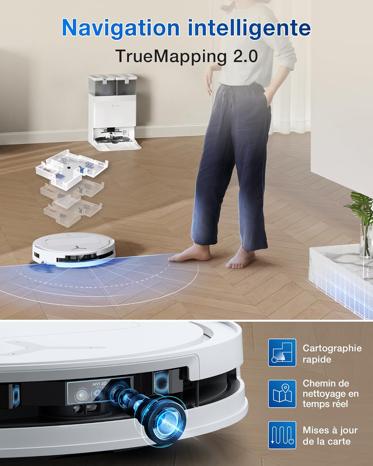 ECOVACS T50 Omni Aspirateur Robot avec Station, Puissance 15000Pa (amélioré par T30 Pro Omni), Brosse latérale et serpillière Extensibles, ZeroTangle 2.0, AIVI 3D 2.0, Lavage à l'eau Chaude 75℃,Blanc