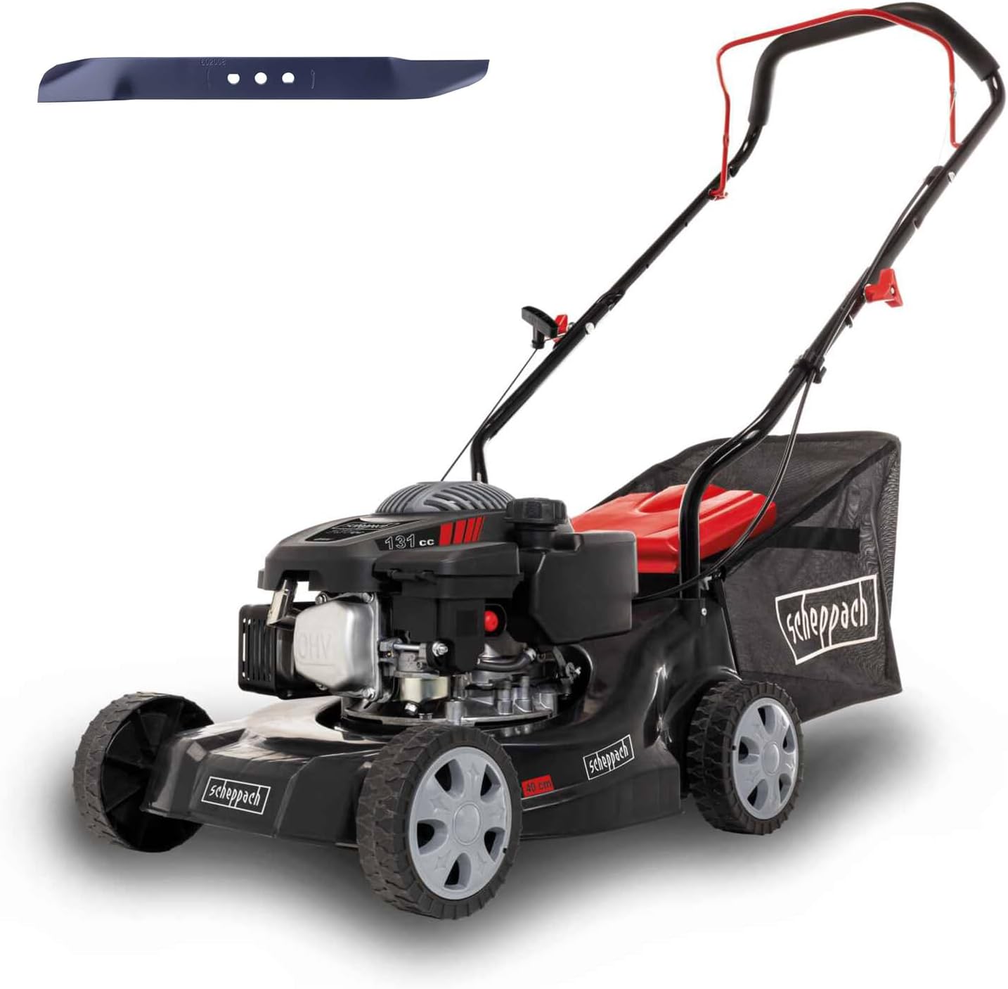 Scheppach Benzin Rasenmäher MP132-40 mit 40cm Schnittbreite | Leistung 3,3PS / 2,4kW | 3-fache Schnitthöhenverstellung | 35 Liter Fangkorb | geeignet bis 600 m² | große Laufräder | inkl. Ersatzmesser