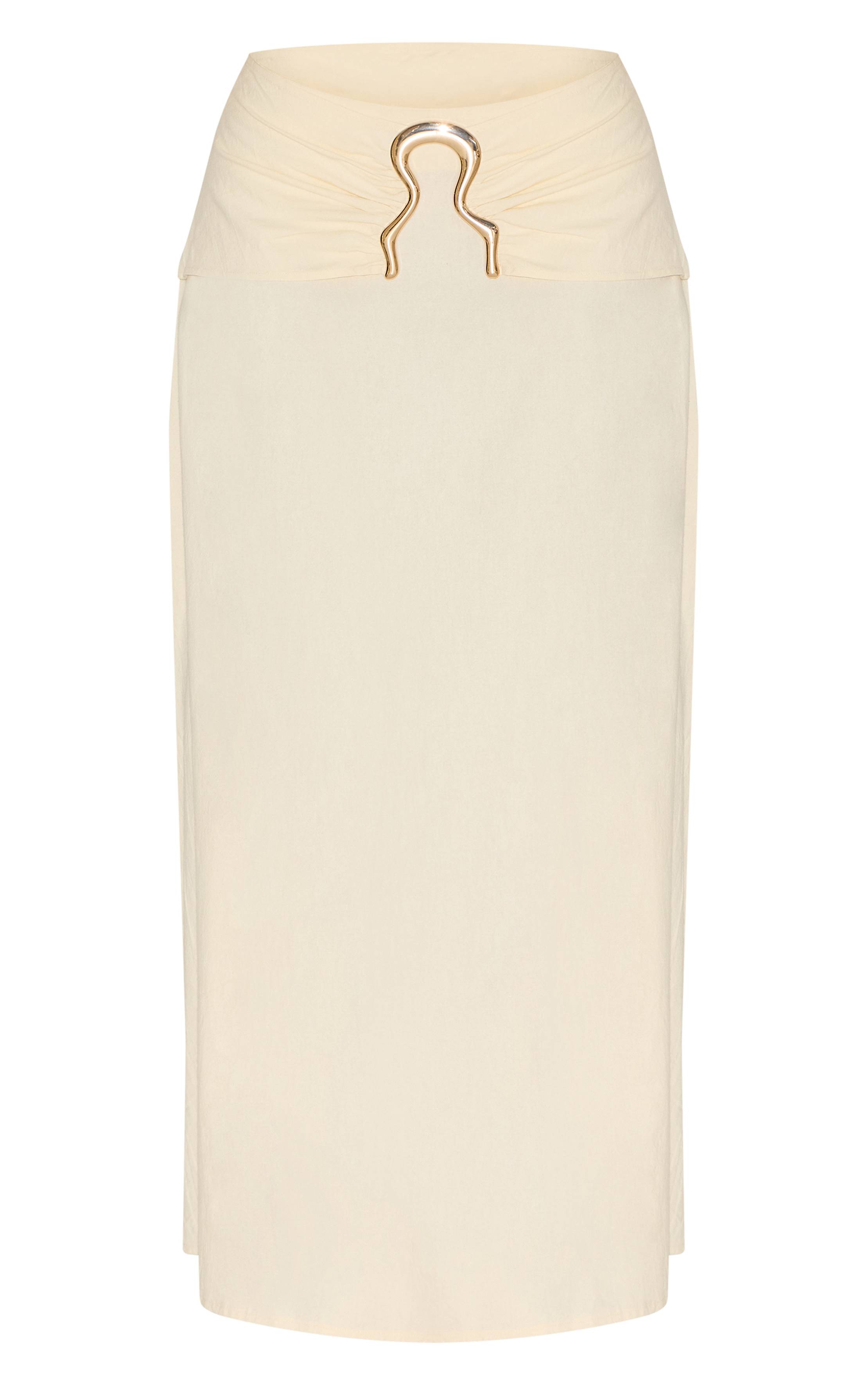 Crème Jupe Longue Shape Aspect Lin Taille Pliée Bordure Ondulée Dorée