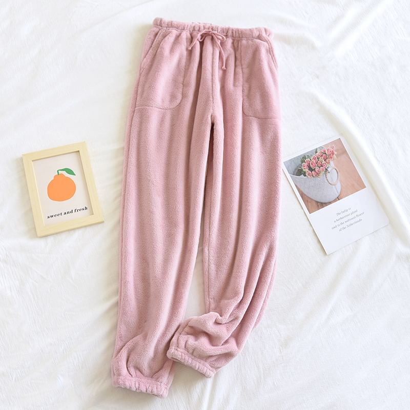 molpes - Hoge taille effen koraal fleece pyjamabroek (verschillende ontwerpen)