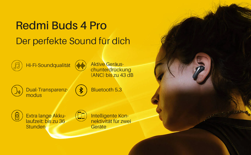 Redmi Buds 4 Pro True Wireless Bluetooth 5.3 In-Ear Kopfhörer Active Noise Cancelling Headset IP54   Ladecase (BHR5896GL)  - Schwarz