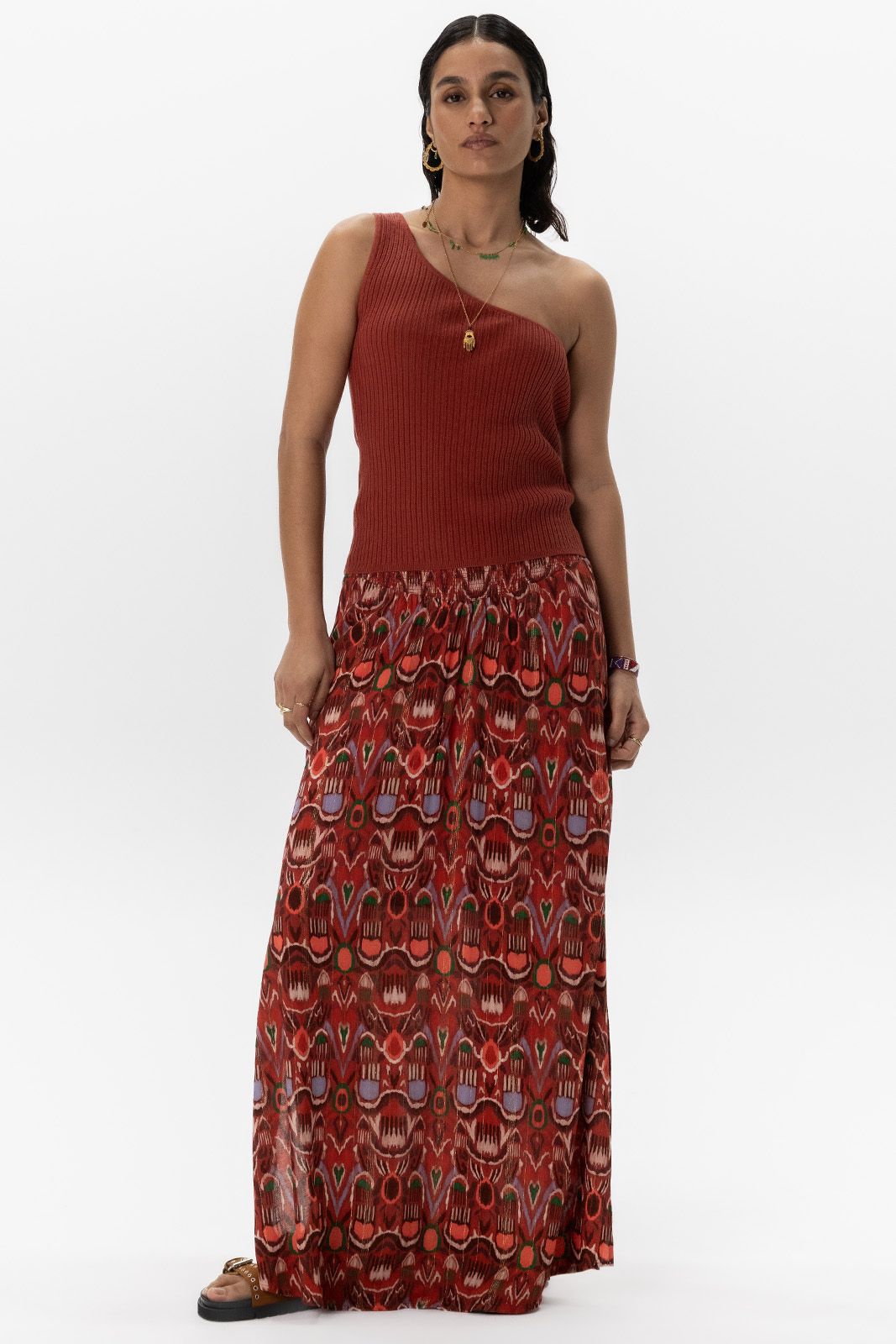Donkerrode gebreide one shoulder top