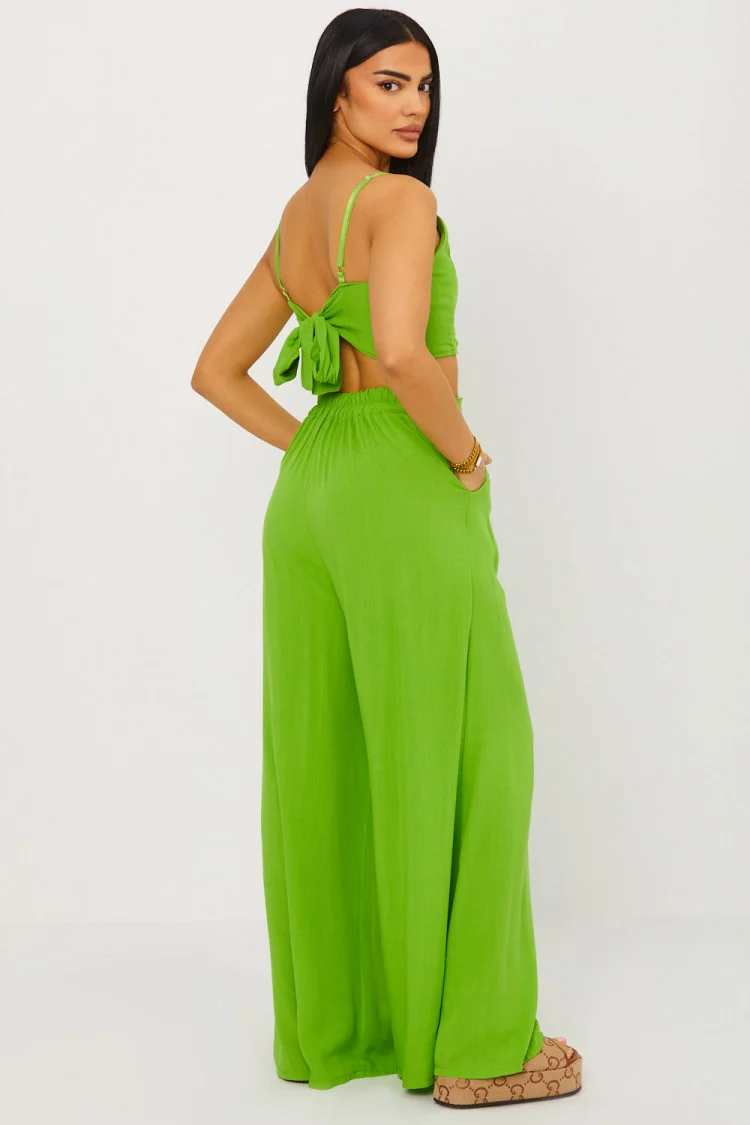 Ensemble effet lin 2 pièces crop top + pantalon vert clair