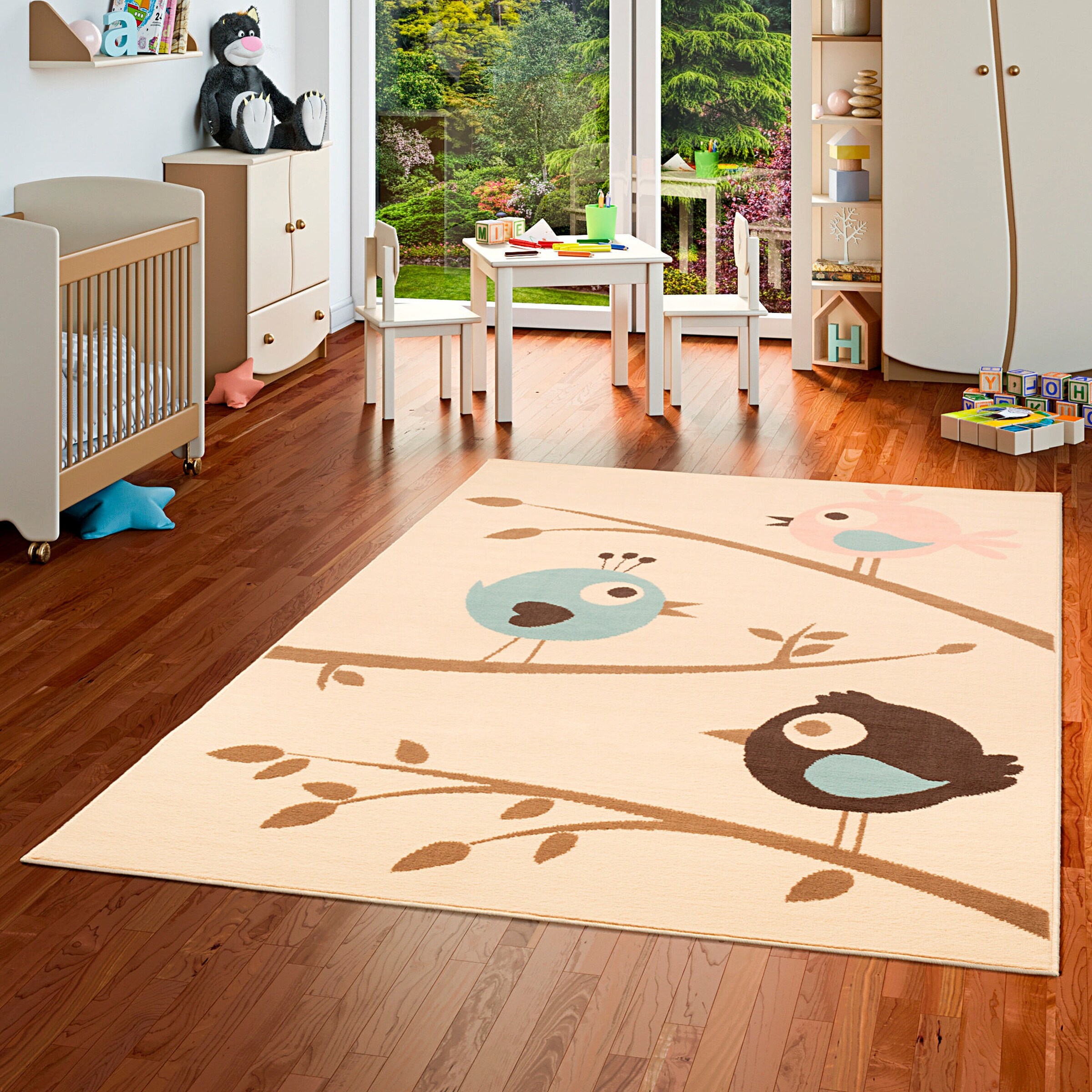 Pergamon Kinderteppich Trendline Vögel Pastell Beige Blau Beige