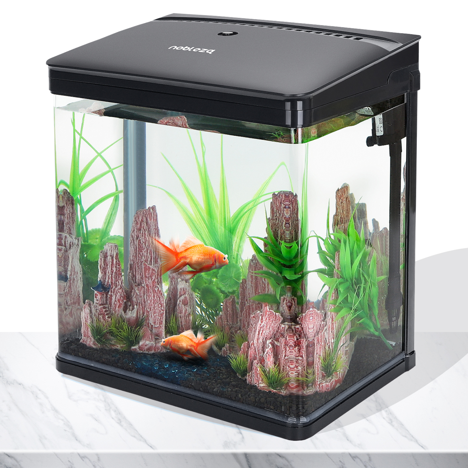 Nobleza - Aquário de vidro com tampa e luzes LED. Sistema de filtragem de 14 litros. Preto.