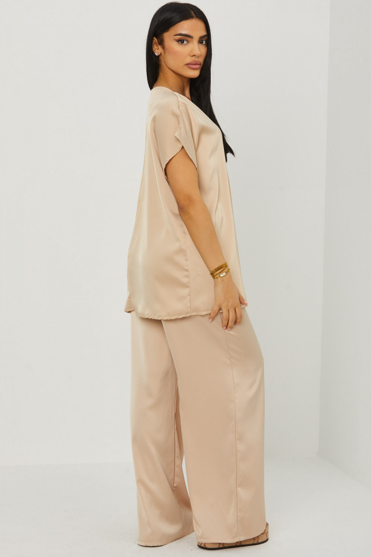 Ensemble 2 pièces blouse + pantalon satiné beige