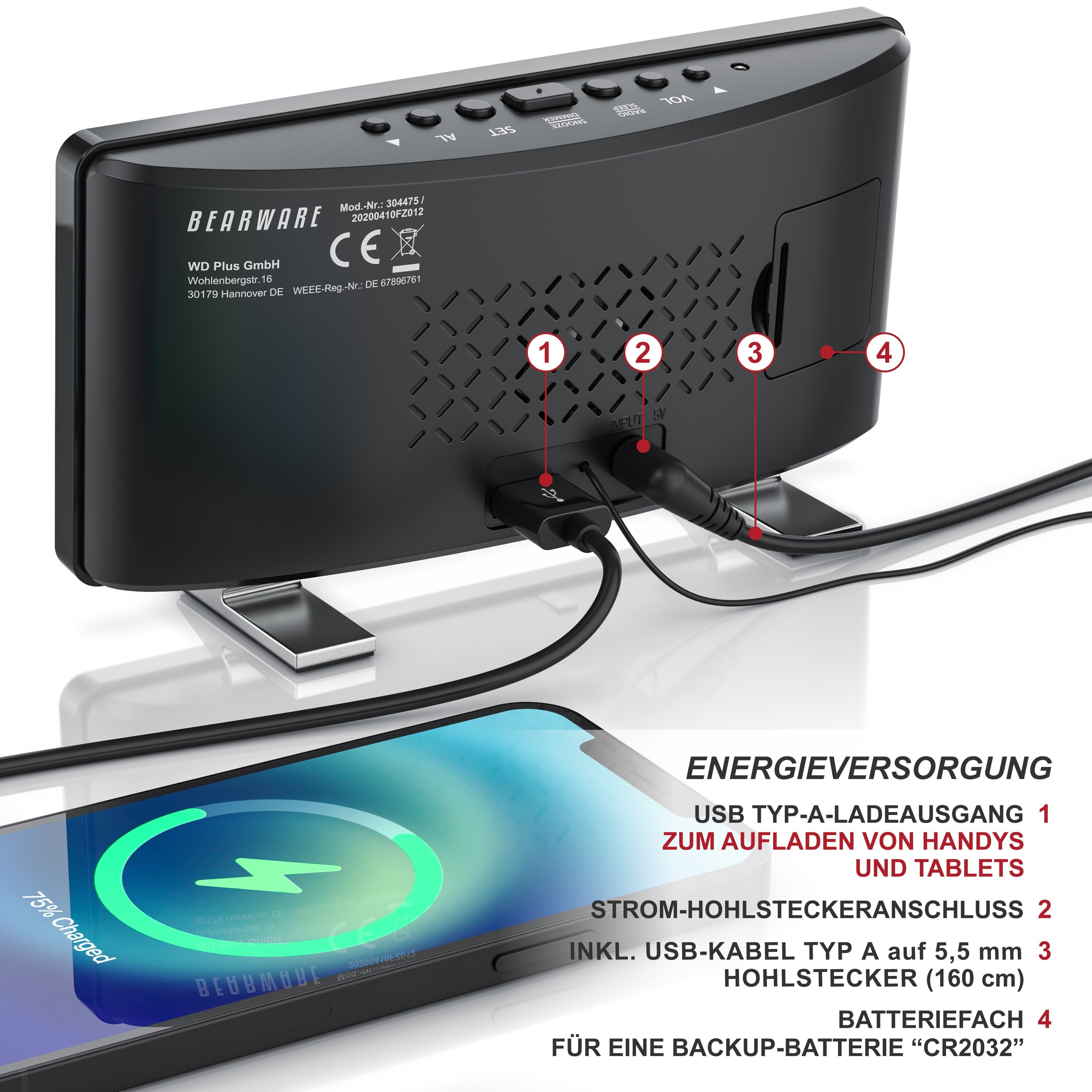 BEARWARE Radiowecker, Digitaler Radio Wecker mit Autodimmer, Snooze, 15 FM Radiospeicher