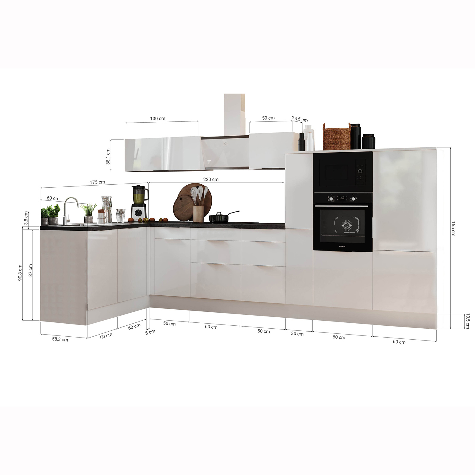 RESPEKTA Winkelküche - weiß Hochglanz - Artisan Eiche - mit E-Geräten - 370 cm