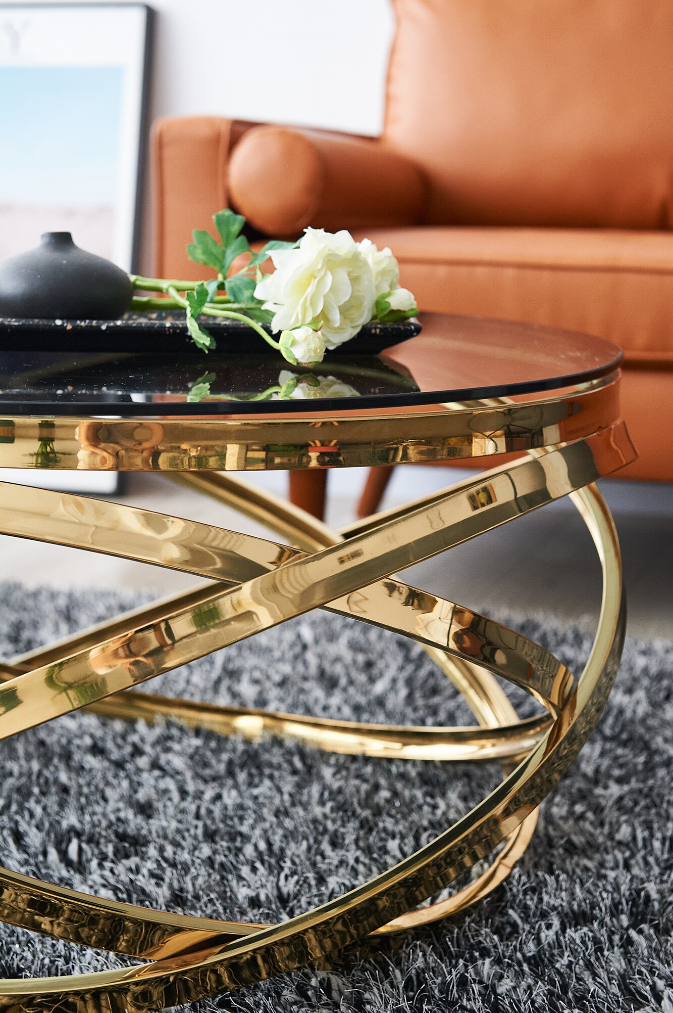 Couchtisch Ø 80 cm gold grau Glastisch Beistelltisch Sofatisch Wohnzimmertisch