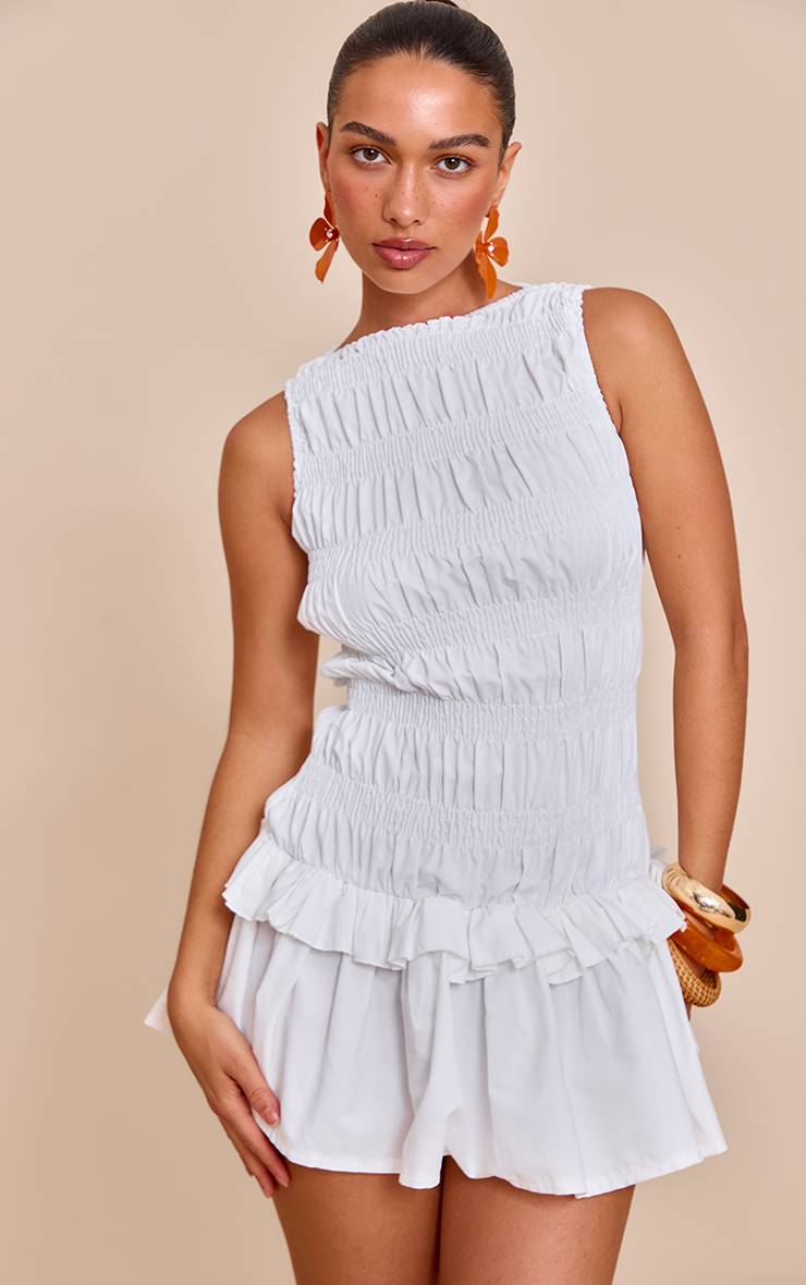 Blanc Robe Droite Ajustée À Volants Froncés