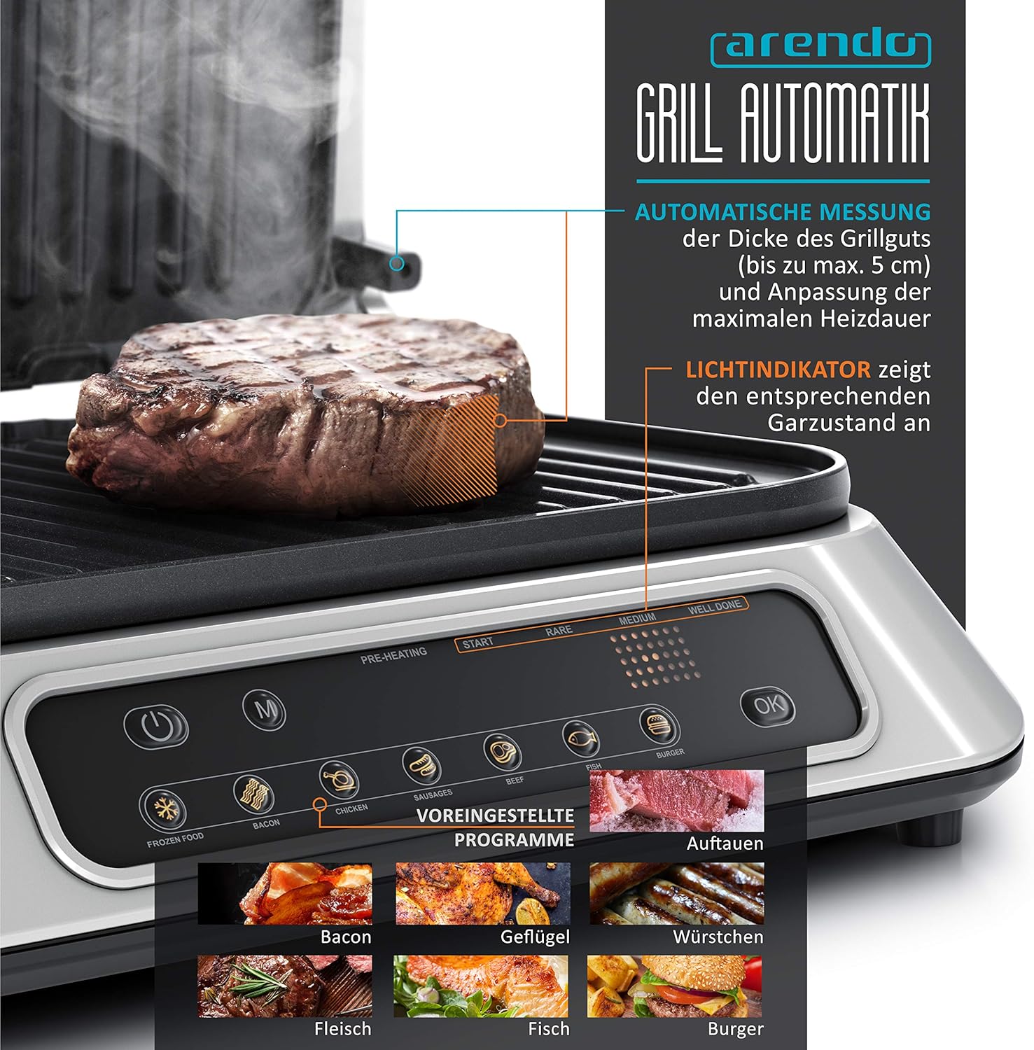 Arendo - Kontaktgrill Elektrogrill - elektrischer Tischgrill - Sandwichmaker - Multi Grill mit Digitalsteuerung 1900 W - 7 Programme - Leicht Reinigung durch abnehmbare Platten - Edelstahl