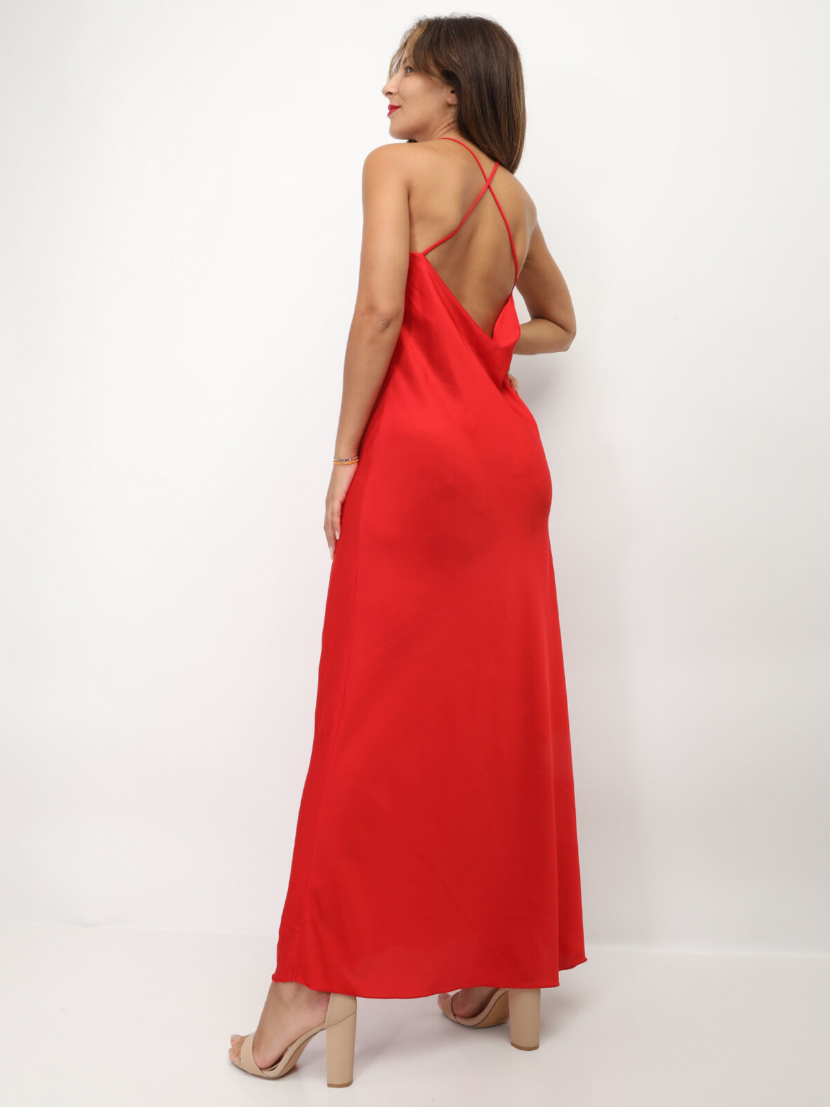 Robe satinée à dos croisé- Rouge