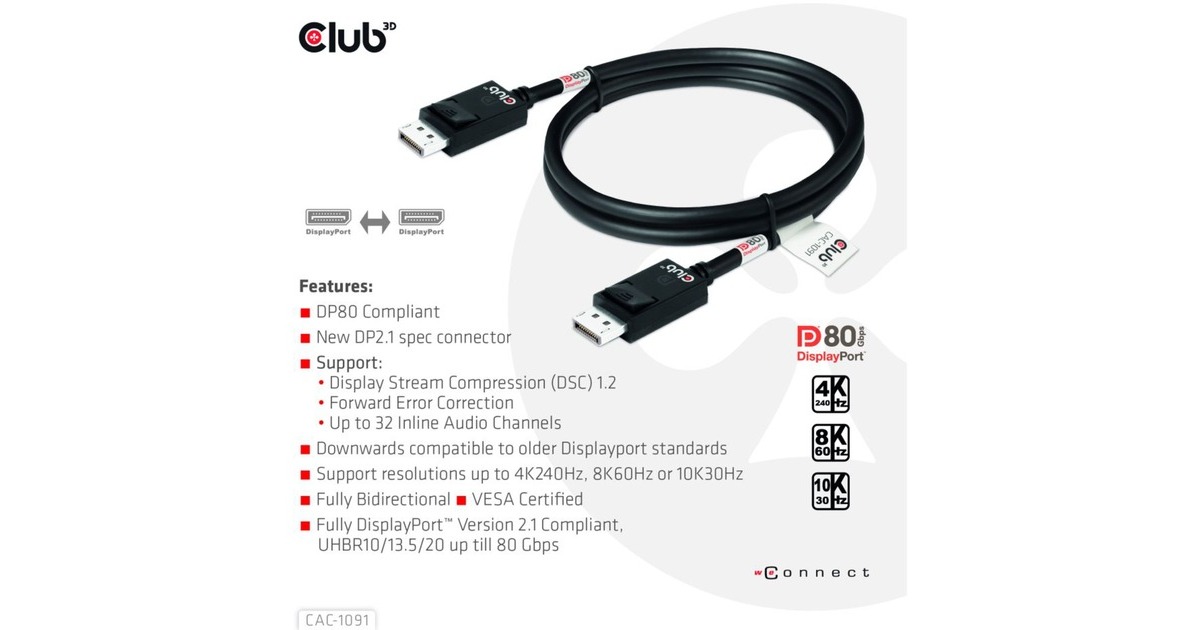 Club 3DDisplayPort 2.1 Bi-Directional VESA DP80 Certified Kabel 4K 240 Hz  (Zwart, 1,2 meter)
