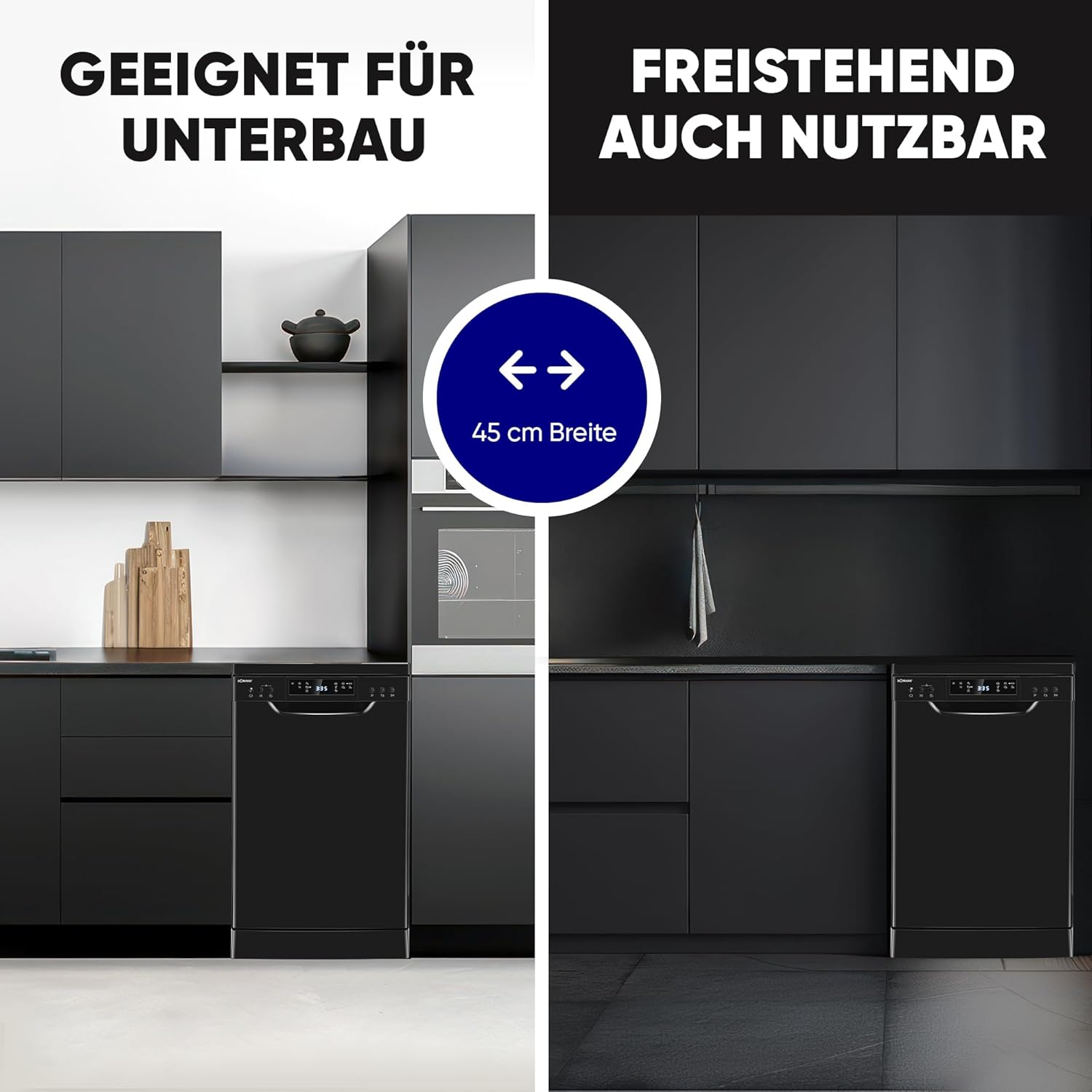 Bomann Geschirrspüler 45 cm, 10 Maßgedecke, Spülmaschine Stand o. Unterbau, 7 Programme & 2 Sprühebenen, Dishwasher mit Startvorwahl, Geschirrspüler unterbaufähig GSP 7418 schwarz