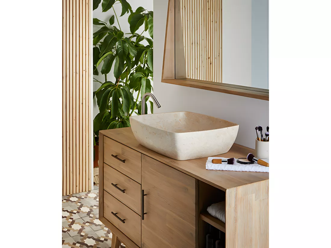 Vasque à poser / lavabo en marbre coloris beige - Longueur 50 x Hauteur 15 x Profondeur 38 cm