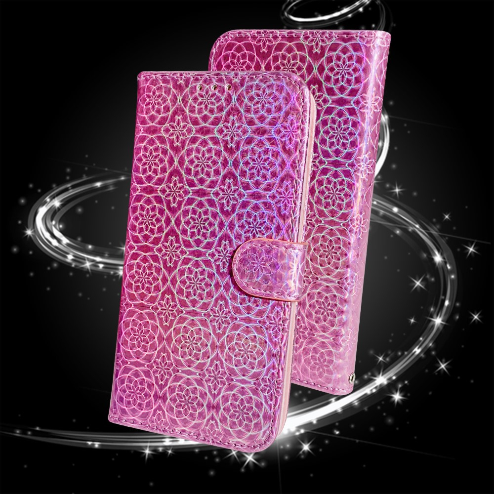 iPhone 13 Pro Leder Tasche Wallet mit Flower Laser Hologramm - Silber