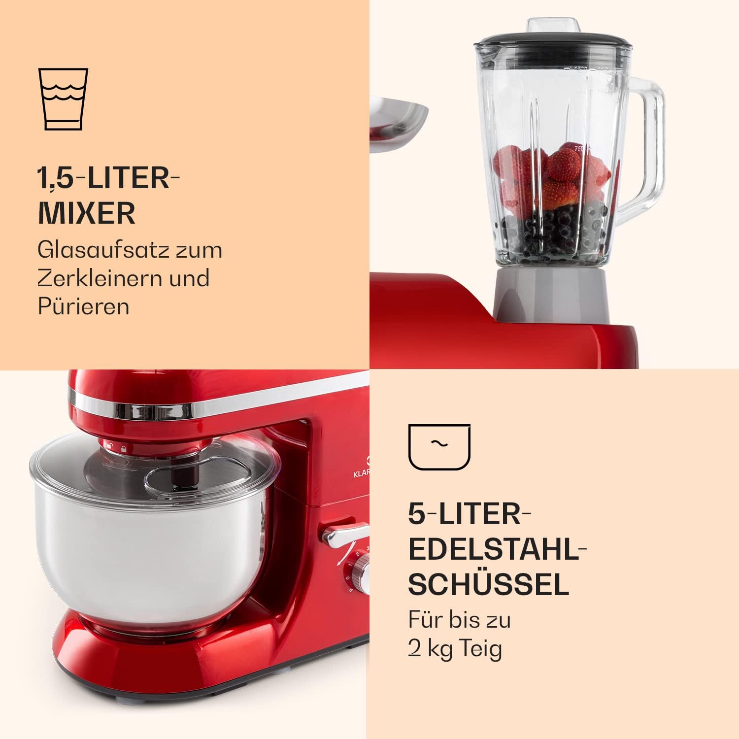 Klarstein Knetmaschine Küchenmaschine mit Fleischwolf, 1800W Teigmaschine Klein, 6 Stufen, Schneebesen Rühr- & Knethaken, Planetenrührwerk, Rührmaschine mit Mixer, Küchenmaschinen mit 5L Schüssel