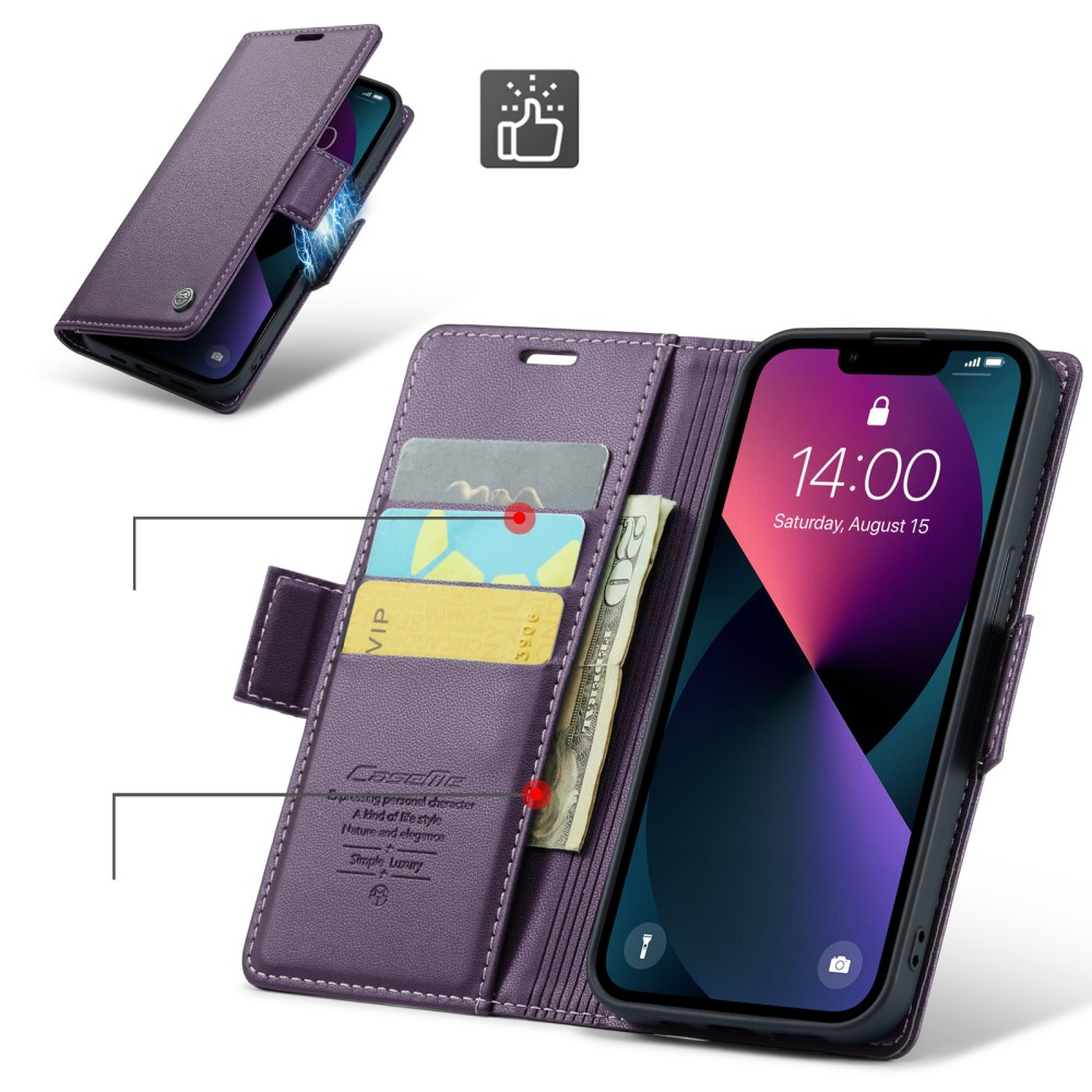iPhone 14 Leder Tasche Flip Wallet Etui mit Kartenfächern Litchi Look (RFID Schutz) - Violett