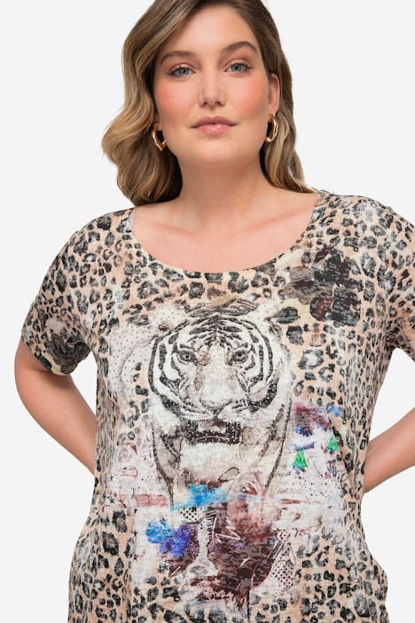 T-Shirt, Leomuster, großer Tiger-Druck, Rundhals, Halbarm