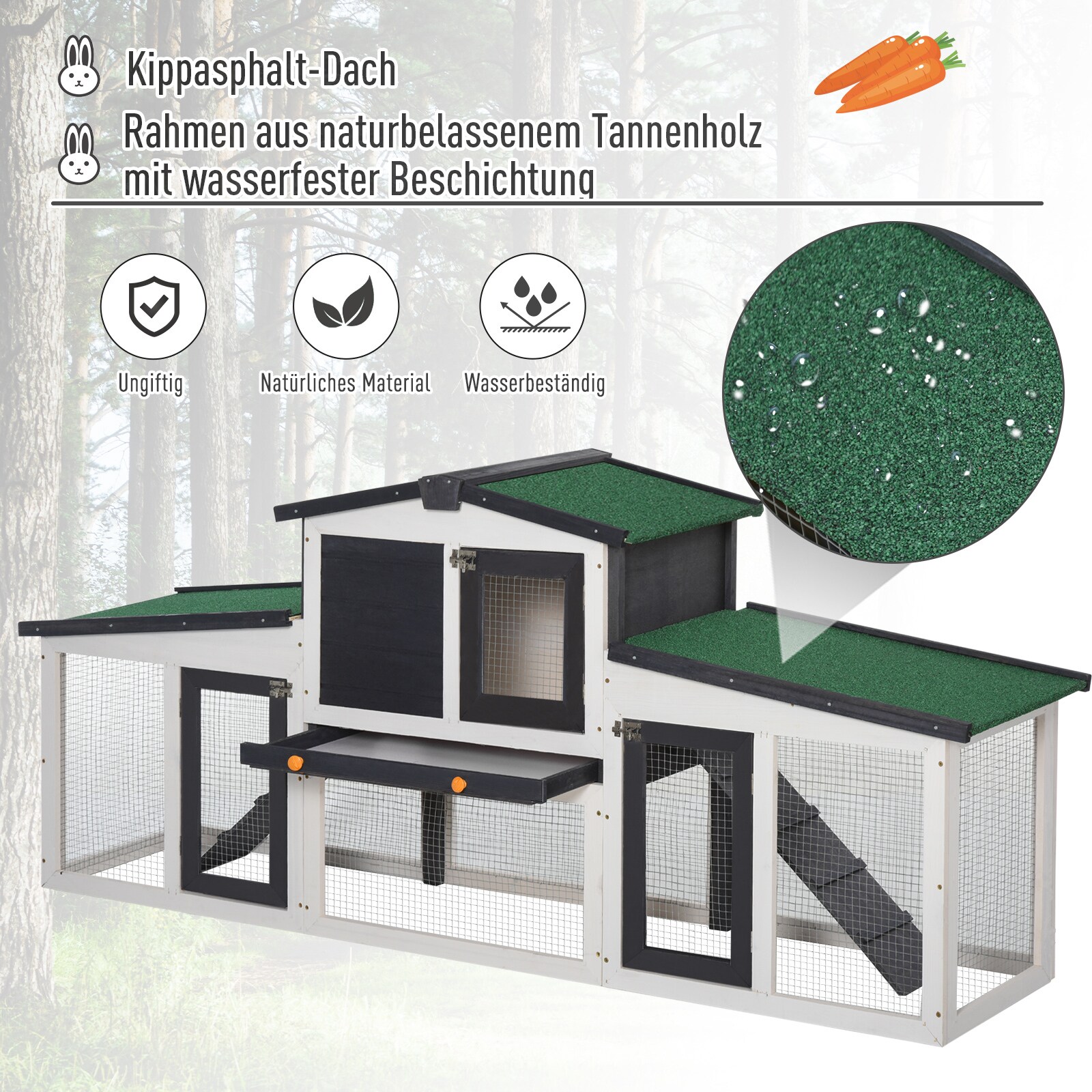 PawHut Zwergkaninchenkäfig mit Auslaufgehege duneklgrau, weiß 204 x 45 x 80 cm (BxTxH)