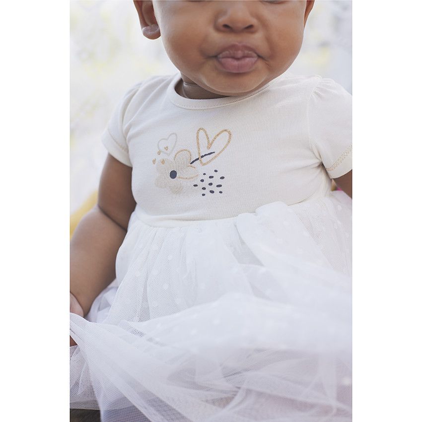 Robe de cérémonie effet 2 en 1 bi-matière pour bébé fille - Ecru