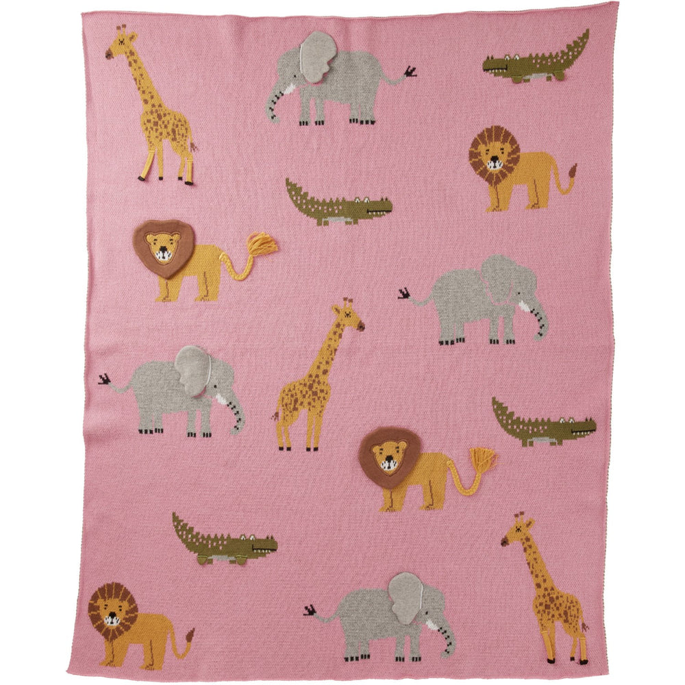 Køb Rice Strikket Baby Tæppe I Pink Med Animals Og 3D Details - Pink