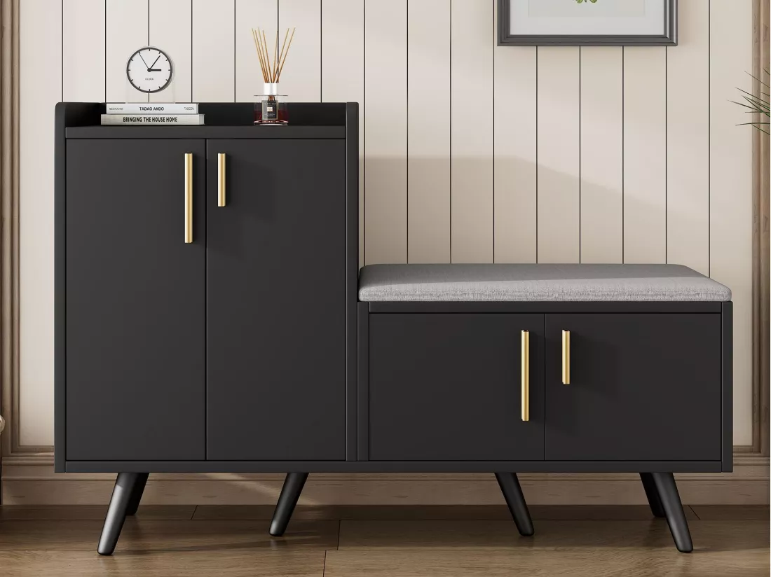 Meuble à chaussures - avec une banquette et 4 portes - Noir