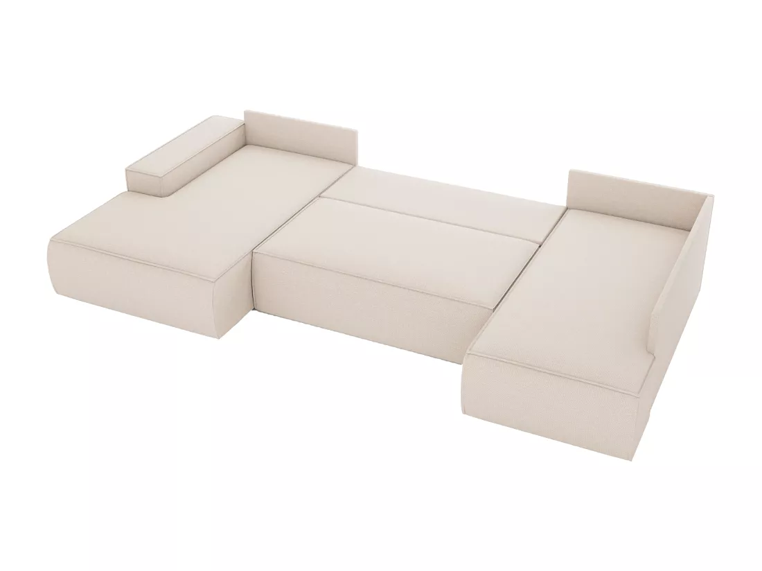 Grand canapé d'angle gauche panoramique convertible en tissu texturé beige AMELIA